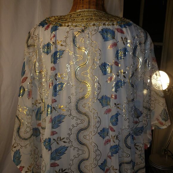 Beaded White Silk Chiffon Caftan, One Size, White/Blue/Gold - Picture 7 of 8